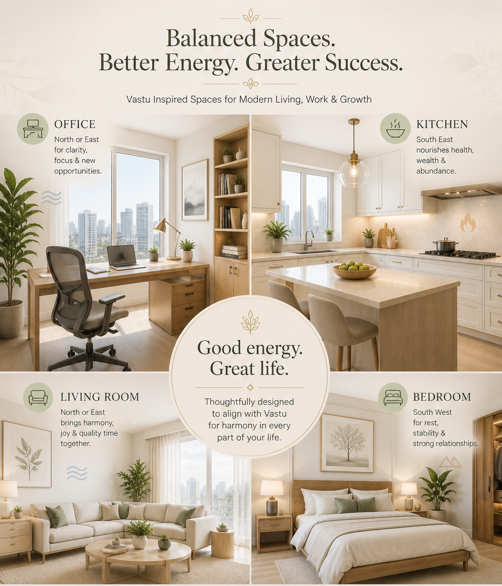 Vastu-inspired room guide — office in the north or east, kitchen in the south east, living room in the north or east, bedroom in the south west.